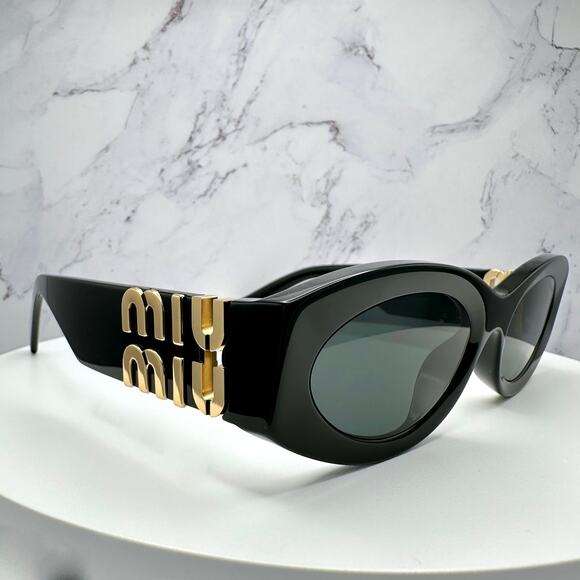 New MIU MIU Sunglasses Black Oval Acetate Gold Metal Logo Authentic Womens main image 4
